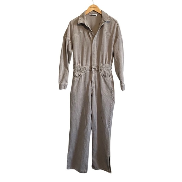 Zara Pants - Zara Beige Taupe Cotton Long Sleeve Flare Slit Leg Boiler Suit Jump Suit Size S